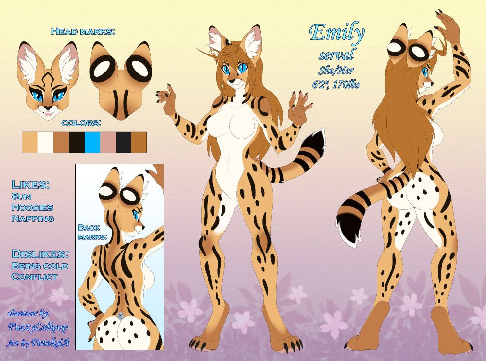 A reference sheet for an anthropomorphic serval girl named Emily.