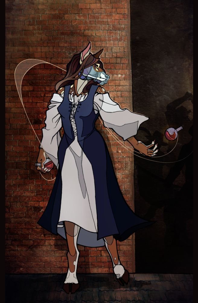 Marigold hiding behind a wall, tossing potions around it towards a shadowy fight.