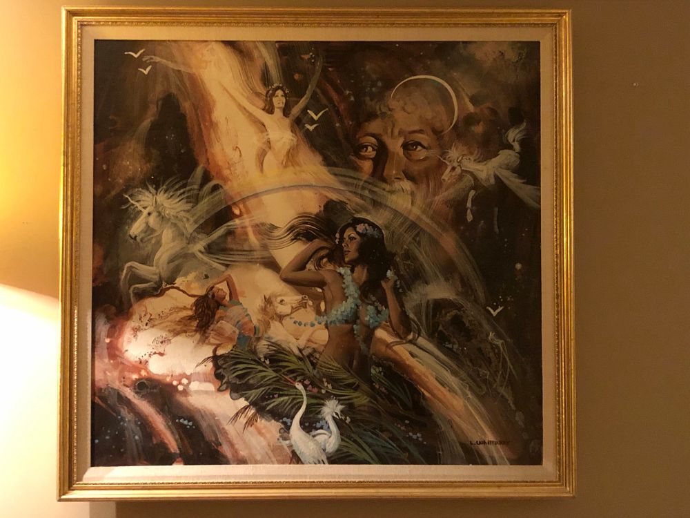 Indescribable painting which is a medley of geese maidens rainbows pegasii smiling druids etc in space