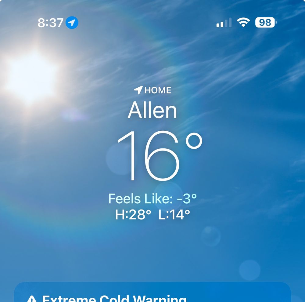 Screen shot of a weather app showing it’s cold as hell for what we’re used to in Dallas