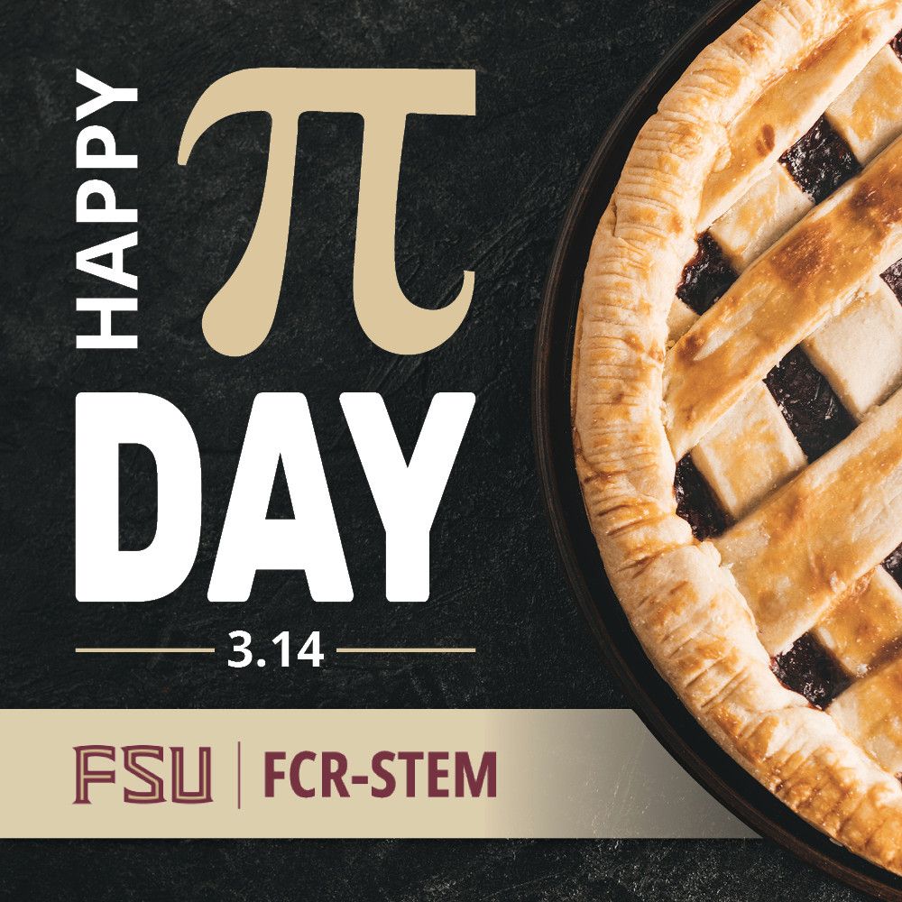Graphic featuring the symbol for Pi and a pie. It is wishing people a Happy Pi Day.