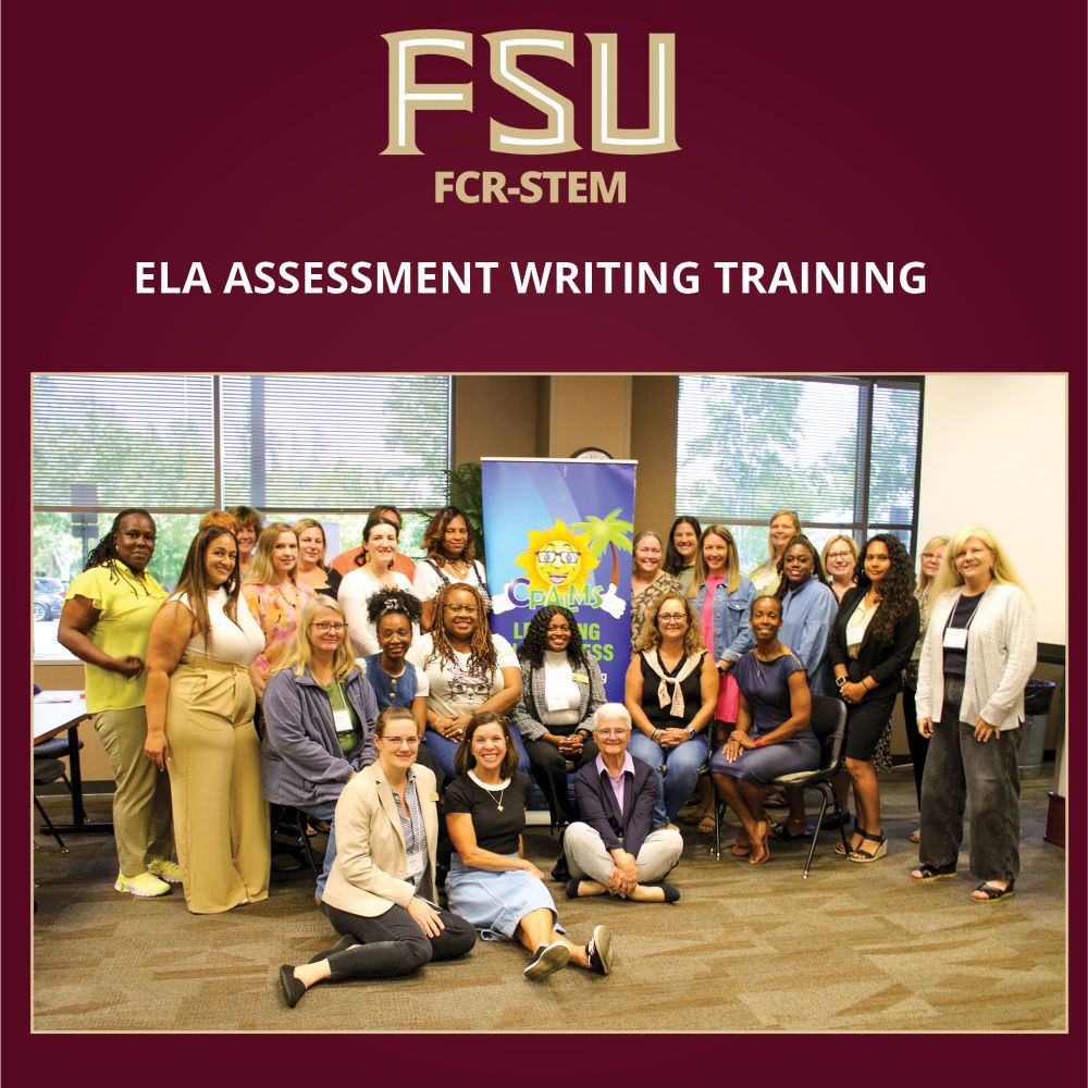 Graphic featuring a group photo of workshop participants and instructors in front of a CPALMS banner. The logo for FCR-STEM is at top.