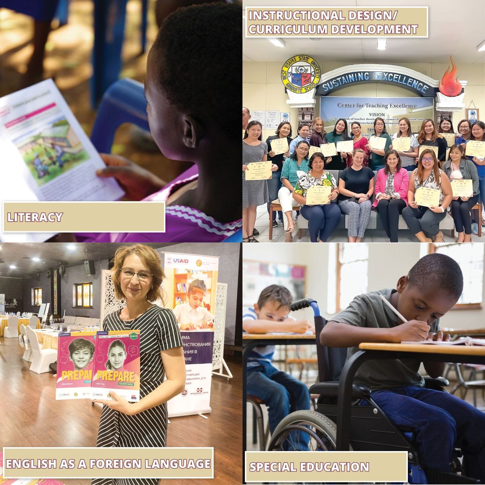 A graphic with four photos. Each one represents an area of LSI's expertise in literacy, English as a foreign language, special education and instructional design/curriculum development.