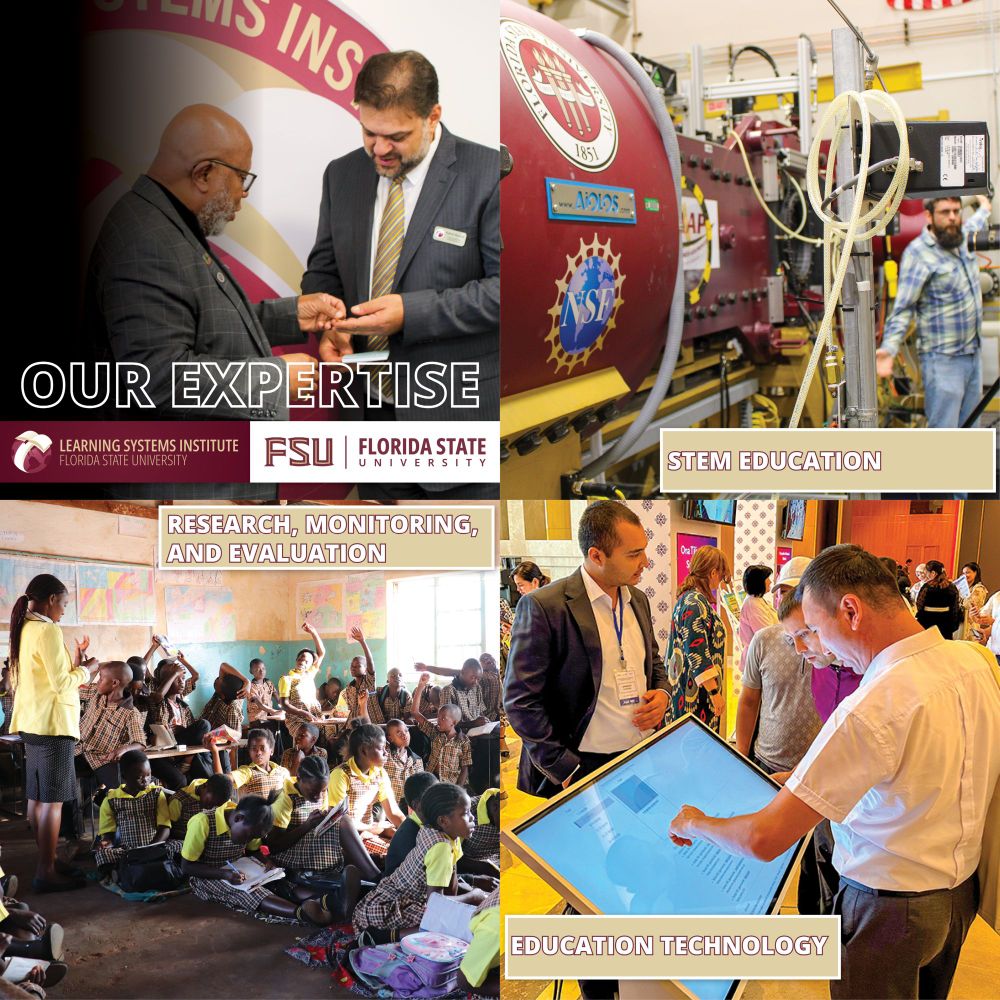 A graphic with four photos. Each one represents an area of LSI's expertise in STEM education. research monitoring and evaluation, and education technology. 