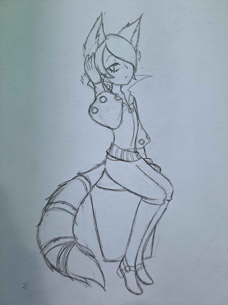 pencil sketch of Yusuke Kitagawa from Persona 5, in his thief outfit (but i replaced his fox mask with actual fox ears), sitting in a dainty pose with one arm raised up to touch his hair while he looks at the camera.