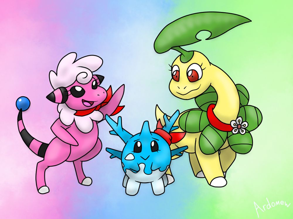 Digital drawing of Myra the Flaaffy, Opal the Corsola, and Chloe the Bayleef.