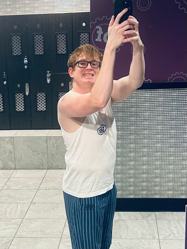 Me dressed as Troye Sivan from his “Got Me Started” video. White TS tank top and striped blue TS pajama pants. 