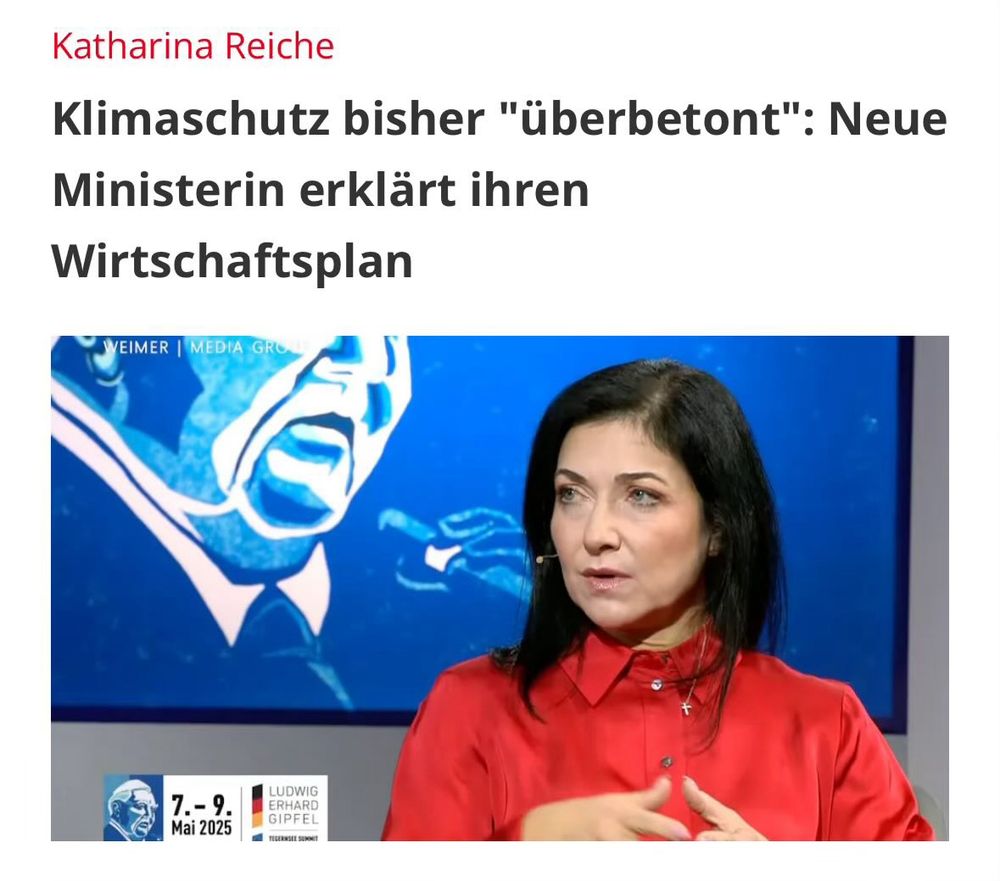 Bild von Katharina Reiche. Überschrift: Klimaschutz bisher „überbetont“: neue Ministerium erklärt ihren Wirtschaftsplan. 