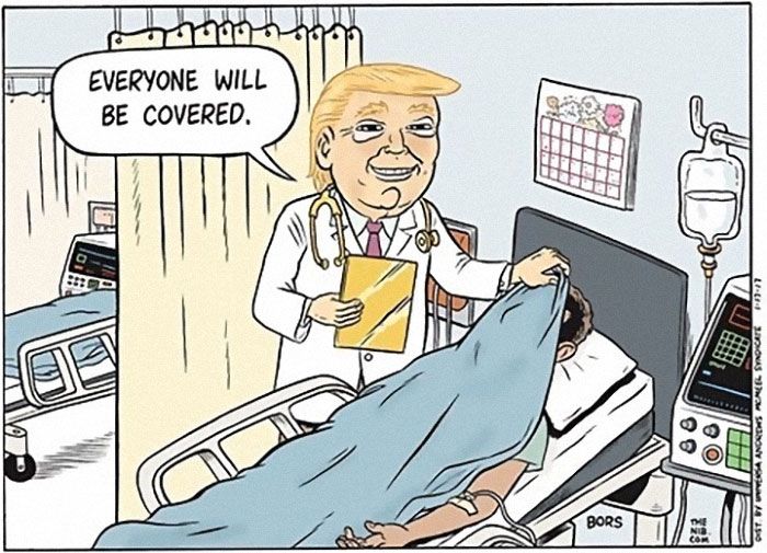 Political cartoon: In an ER setting, a Dr. Trump pulls the blanket over an apparently deceased patient's head. Caption: 