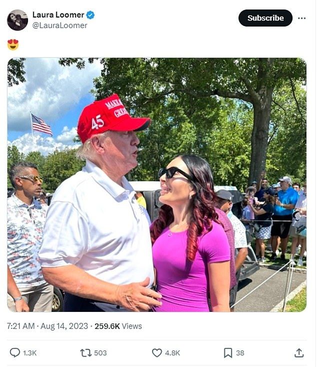 Laura Loomer Twitter post
She and Trump close embrace 

7:21 AM

Aug 14, 2023