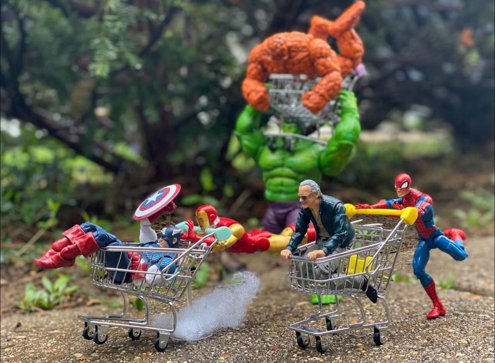 Marvel heroes engage in a shopping cart race. Not the actual heroes, who aren’t real people by the way. I mean toys depicting the characters. Plus my mortal enemy Stan Lee. He knows what he did. The grocery carts had Easter candy in them. Some people call them buggies? Not grocery or shopping, which I now realize I used interchangeably, simply buggies. I thought those were for BABIES and HORSES. These are for food and whatever other nonsense you toss in them to buy. Like tiny buggies. Ah shit, it’s contagious!