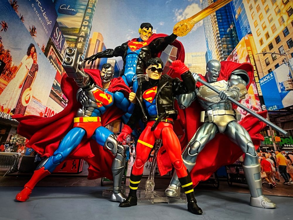 THE BOYS ARE BACK IN TOWN. The 4 imposter Superman by MAFEX. I believe each corresponds to one of the nicknames given to Superman. I am not sure if I decided this or if I have them right, even. Clockwise from top: Eradicator - Last Son of Krypton Steel - Man of Steel, obviously Superboy(don’t call him that) - Metropolis Kid Cyborg Superman - Man of Tomorrow Still need a better name than Cyborg Superman. It would be like calling me Amazing David. Like no shit, we can all see that. 