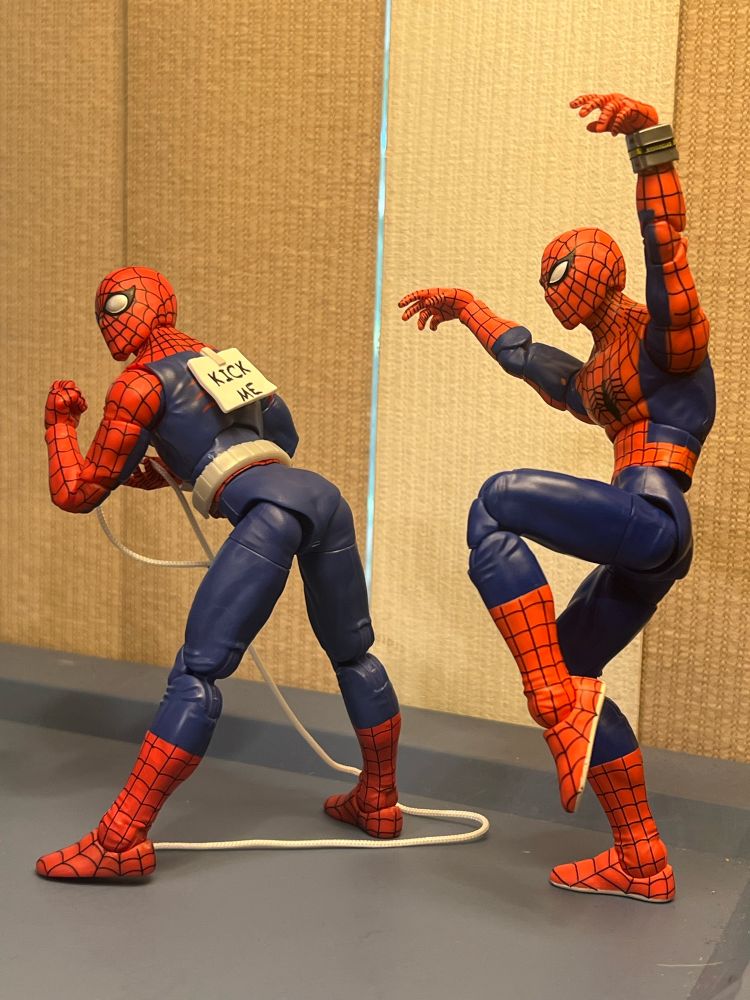 Spidey and Spidey having a good time. So that crane kick from Karate Kid was dumb, right? We can admit that now? Maybe it wasn’t. He sure lit that dude’s face up. Unless I’m not remembering it right. What is KARATE? What is a “KID”? Nobody knows!