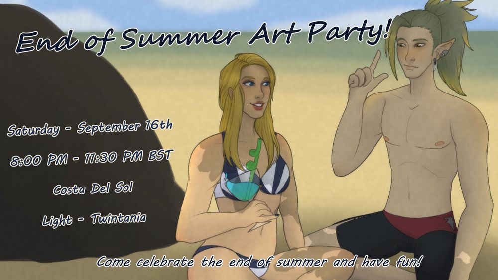 A summer themed illustration featuring a hyur and an elezen from FFXIV.