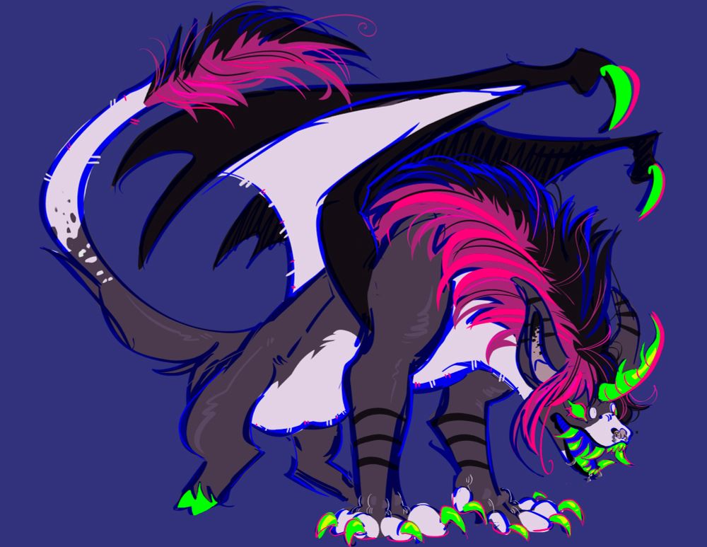 one of my sonas Judas, a hunched hyena looking beast with neon highlights