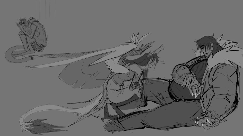deckard, flint and wasp in a greyscale sketch