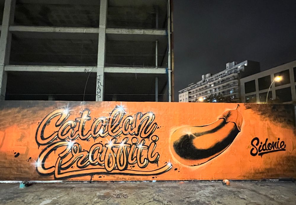 Forografia en color d’un grafiti de colors taronja i negre amb el text “Catal graffitti”, el dibuix d’una albergínia i el nom Sidonie.