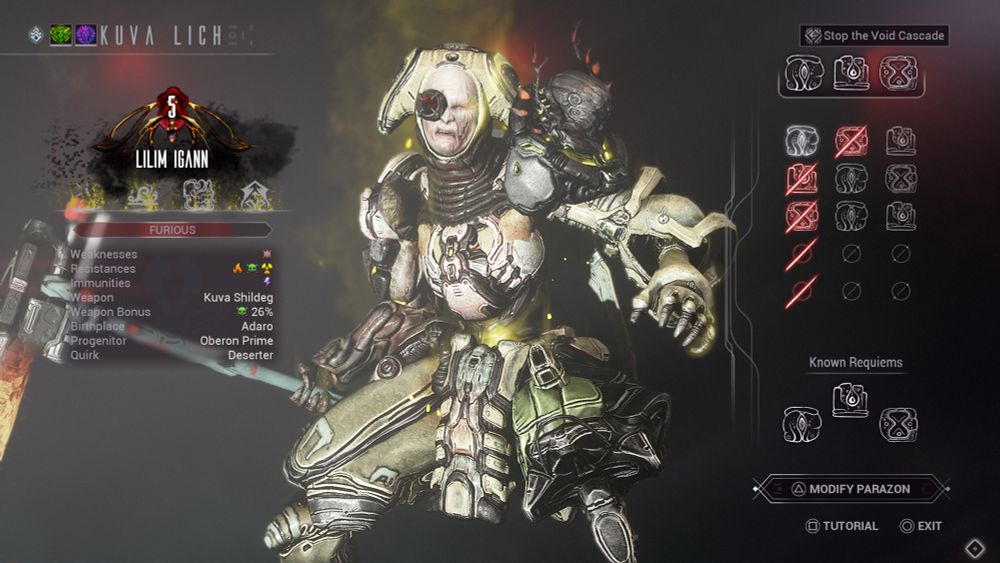 Lilim Igann, a kuva lich in Warframe. 