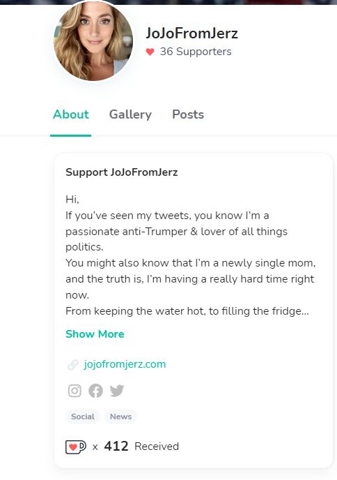A screenshot of JoJoFromJerz's KoFi website displaying she has received 412 donations on 10/12/2021