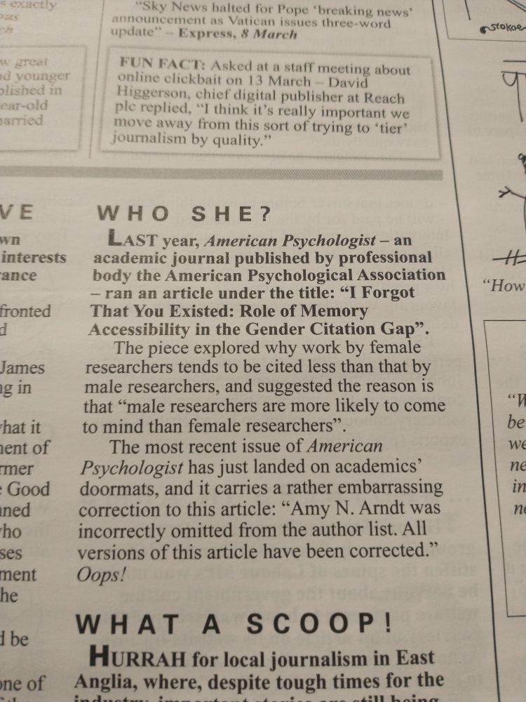 Article saying an academic journal published a paper titled "I forgot you existed: role of memory accessibility in the gender citation gap" about male researchers preferentially citing other males because they don't mentally image female researchers. They later had to issue a correction as they omitted Amy N Arndt from the author list.