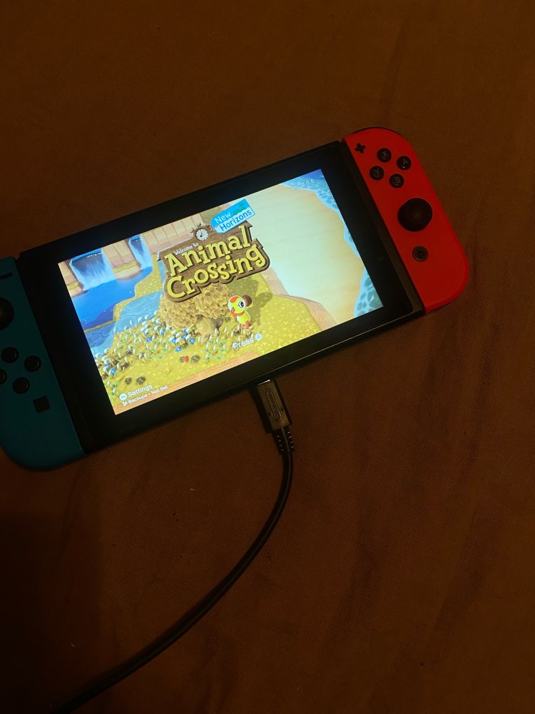 Nintendo switch with the Animal Crossing main menu on the screen.