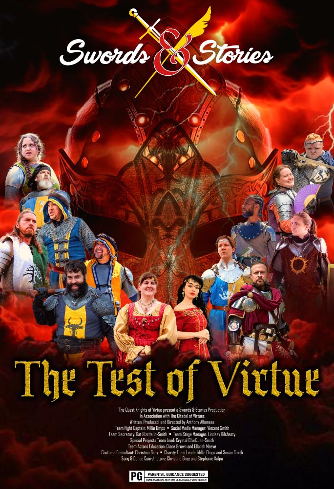 The 12 Quest Knights of Virtue stand in a V formation around the Faerie Queen, Glorianna Tanaquill, and her granddaughter, the Princess Mercilla.