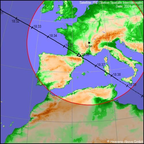 Trajectoire de l'ISS au-dessus de la France métropolitaine le 1er décembre 2024 entre 18h34 et 18h38.