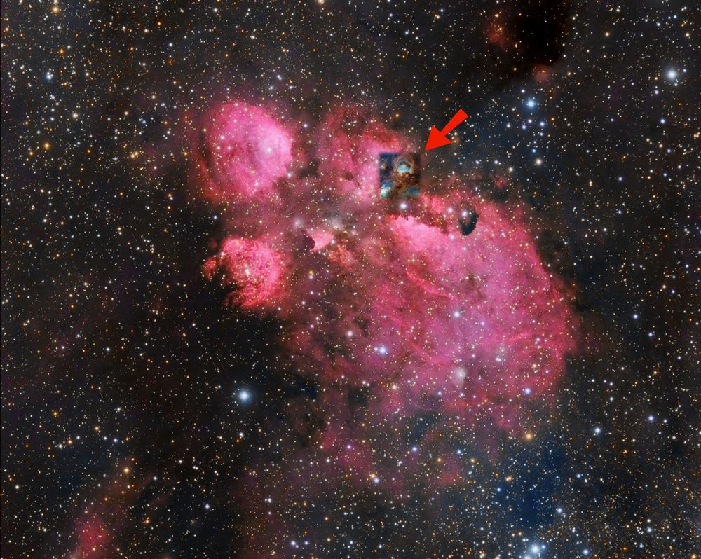 Position et taille de l'image précédente dans la nébuleuse de la Patte de Chat. On voit bien ici que l'image du JWST n'est qu'une toute petite partie de la nébuleuse.