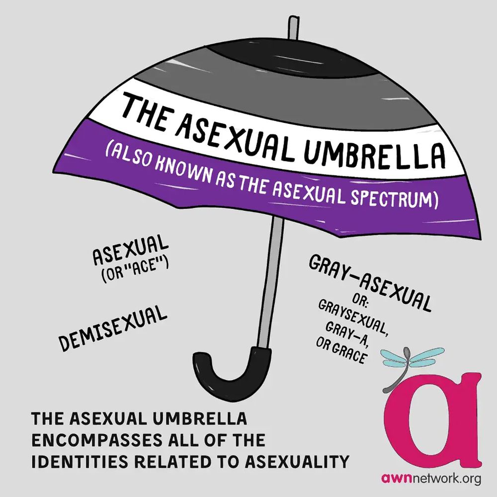 Infographie représentant un parapluie avec les couleurs du drapeau asexuel (noir, gris, blanc, violet) sur lequel est indiqué "The asexual umbrella (also known as the asexual spectrum).
En-dessous, des différentes formes d'asexualité (asexuel, demisexuel, grey-sexuel...)