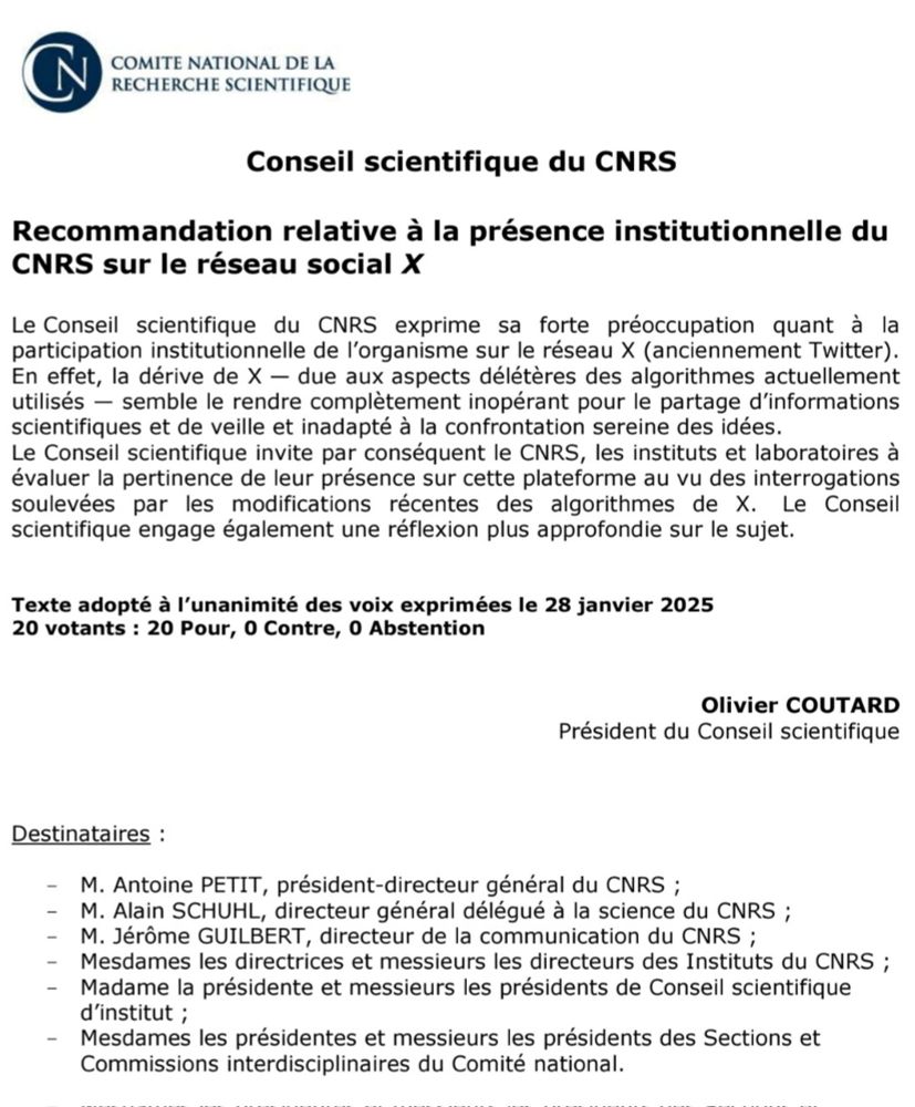 Communiqué du Conseil Scientifique du CNRS recommandant aux institutions et laboratoires de recherche affiliés à évaluer la pertinence de leur présence sur une plate-forme aussi toxique que X.