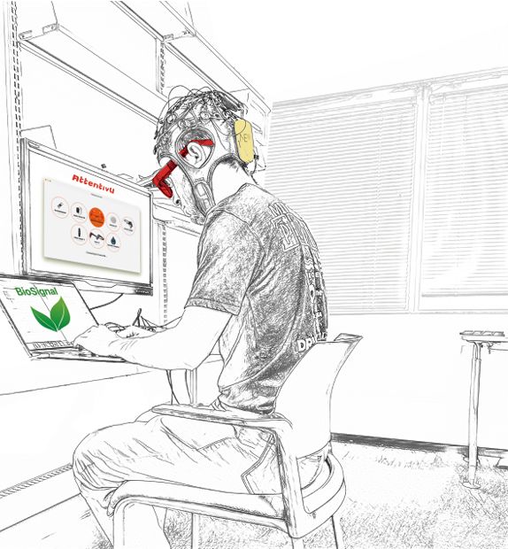 dessin d'un participant pendant une séance de mesure expérimentale, portant un casque Enobio, un casque AttentivU et utilisant le logiciel d'enregistrement BioSignal.