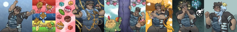 8 colored sketches of Konu, the anthropomorphic boar, living in the pokemon universe. 
-The first sketch shows Konu stretching his arms out while wearing his normal everyday clothes. 
-The second sketch are a set of contest ribbon he won in each category, from left to right, top to bottom: Cool, Cute, Beauty, Clever, and Tough. 
-The third sketch are a variety of pokemon snacks ranging from: poffins, pokeblocks, and pokepuffs. 
-The fourth sketch is of Konu wearing his coordinator outfit ready for the pokemon contests. 
-The fifth sketch is Konu and his appletun named Crisp out pecha berry picking 
-The sixth sketch is Konu shopping contemplating of which seal to buy with his shiny raichu named Hazel looking over his shoulder. 
-The seventh sketch shows Konu in awe at a set of shiny charms despite costing a lot of money.
-The final eighth sketch is Konu walking with his Chimecho named Echo whose tail is wrapped around his neck like a scarf, while Konu is a bit annoyed, his chimecho seems to differ. 