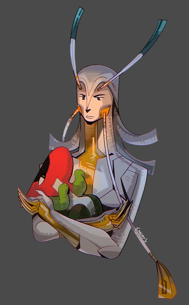 image of a white and gold shrimp based humanoid cradling a red, black, and white creature in her arms.
