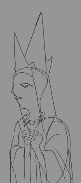 sketch of fallan masked, and wearing a multi-pointed hat and robes