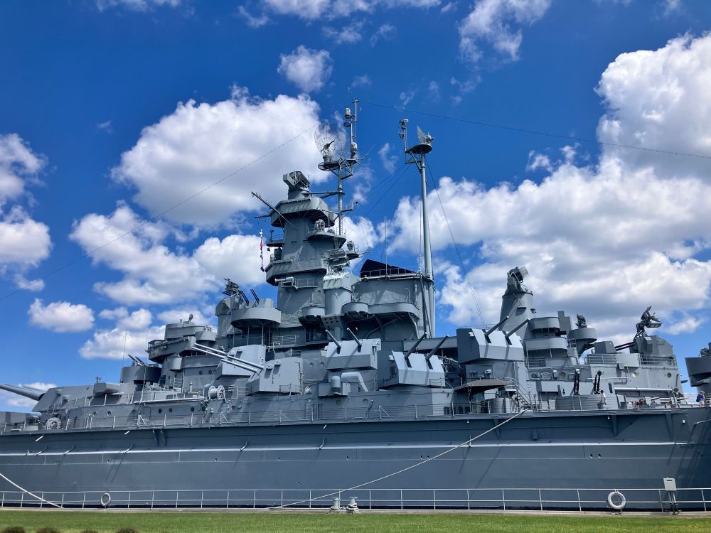 The main body of the USS Alabama bristling with armaments controlled by quite small men working to good purpose.