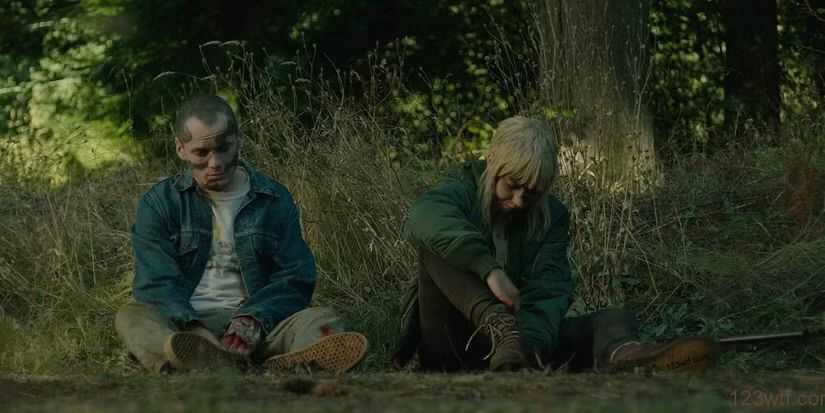 The final shot of Green Room. Anton Yelchin and Imogen Poots sit on the side of a country road beyond exhausted. In the scene Poots says “tell someone who gives a shit” before cutting to black. 