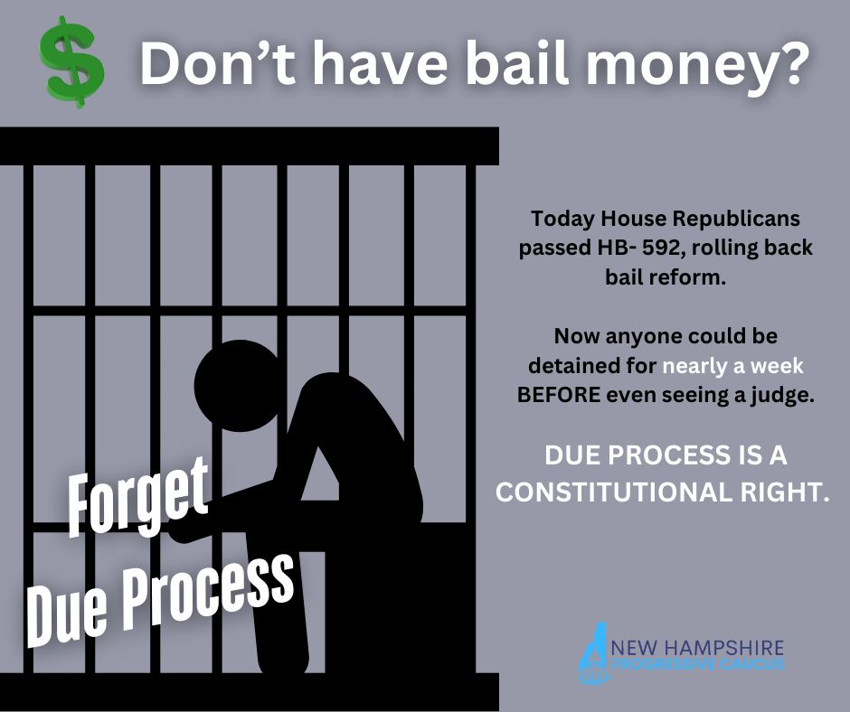 Person sitting in a jail cell, behind bars, leaning over, defeated. Text says, "Don't have bail money? Today House Republicans passed HB-592, rolling back bail reform. Now anyone could be detained for nearly a week before even seeing a judge. Due process is a constitutional right."