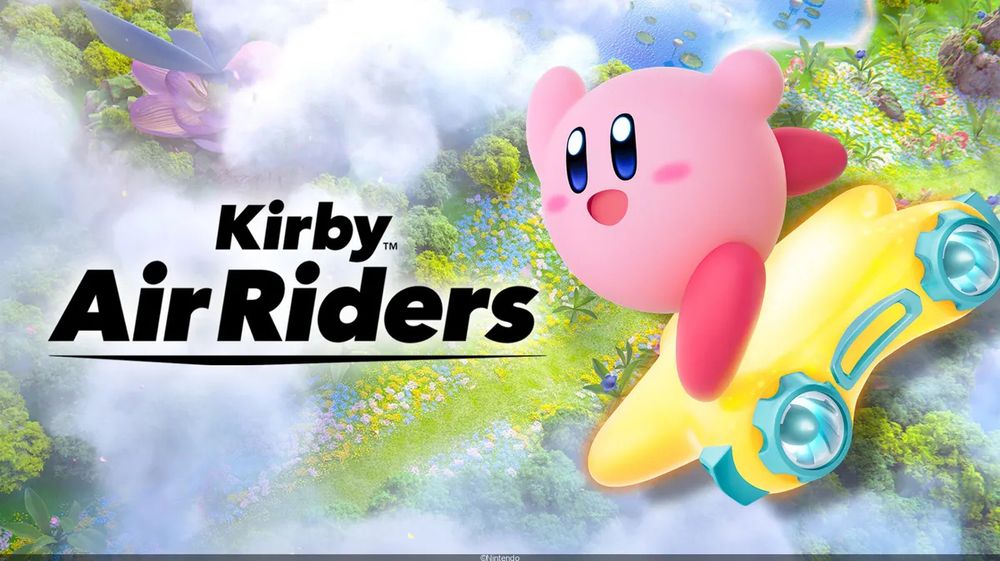 Kirby Air Riders logo next to Kirby riding a Warp Star.