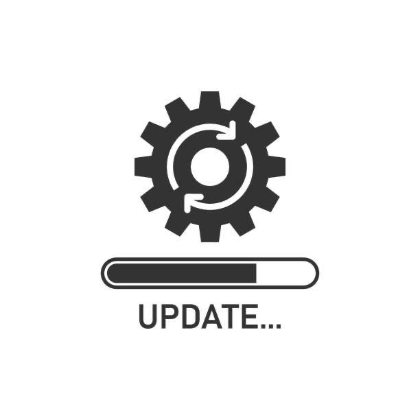 Black icon of a gear with two white arrows on it curved into a circle, suggesting rotation. Below is a black progress bar partially filled in with “UPDATE…” written in capital letters underneath.