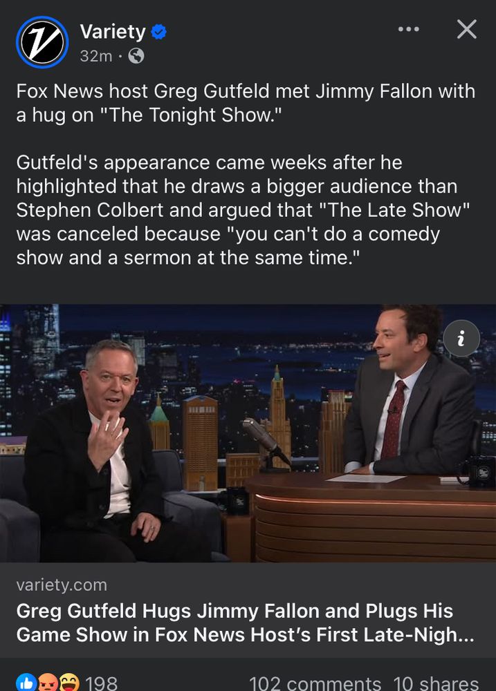 Fox News host Greg Gutfeld met Jimmy Fallon with a hug on "The Tonight Show."
Gutfeld's appearance came weeks after he highlighted that he draws a bigger audience than Stephen Colbert and argued that "The Late Show" was canceled because "you can't do a comedy show and a sermon at the same time."