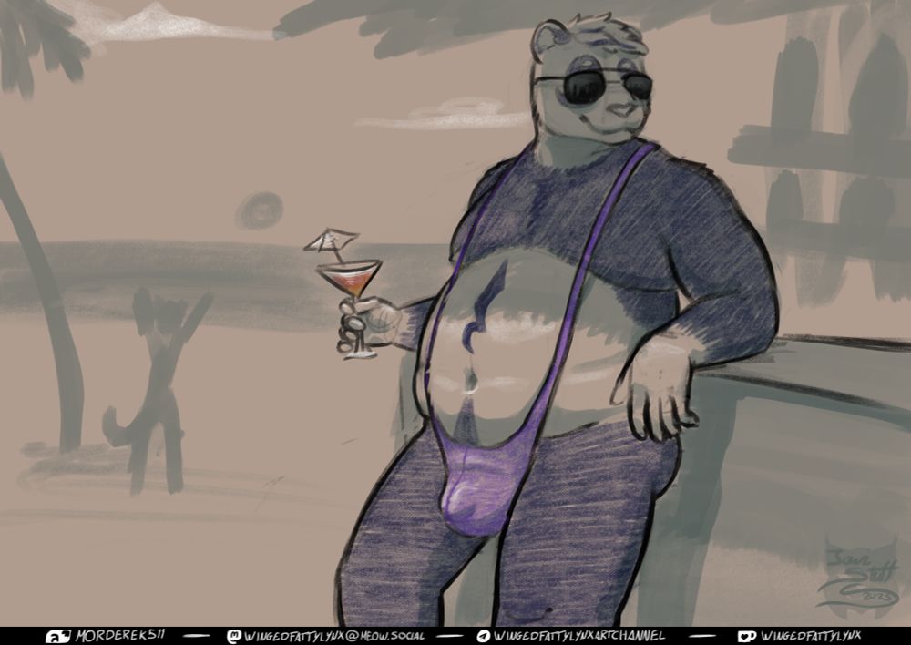 Picture shows Pax, an anthropomorphic chonky panda bear enjoying some chilling time with a drink at the beach bar while rocking a kind of tight mankini and wearing sunglasses. He's standing up and laid back on the bar, and the mankini is framing his gut nicely