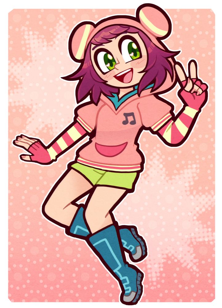 sonia strumm from mega man star force striking a peppy and cheerful pose ✌️