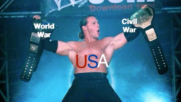 Professional Wrestler and Undisputed Champion Chris Jericho is posed with his arms out wide and his head turned to his left letting out a ‘Woo’. In his right hand he holds the WWF title belt. Added white text over the belt reads ‘World War’. Across his torso, large added text reads ‘USA’ in red, blue and white, respectively. In his left hand he holds the WCW title belt. Added white text over the belt reads ‘Civil War’. 