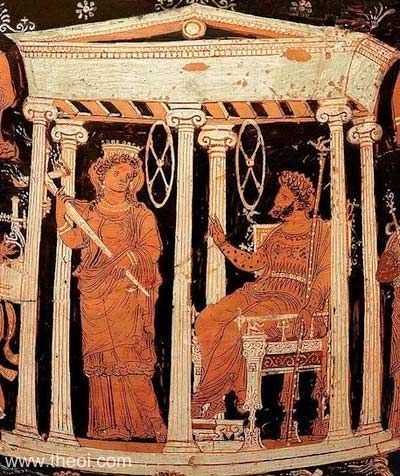 Detail of the palace of Hades from a painting depicting Heracles' journey to the underworld.

Persephone stands beside the enthroned lord Hades. The god bears a bird-tipped royal sceptre. She wears a crown and carries a flaming, four-headed Eleusinian torch.

From theoi.com