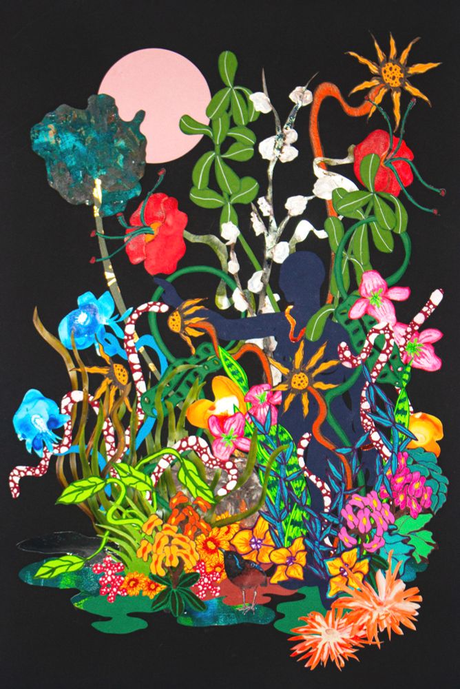 Hand drawn and cut collage featuring a blue silhouette figure standing among botanical cut outs in blue, yellow, orange, green and pink. 