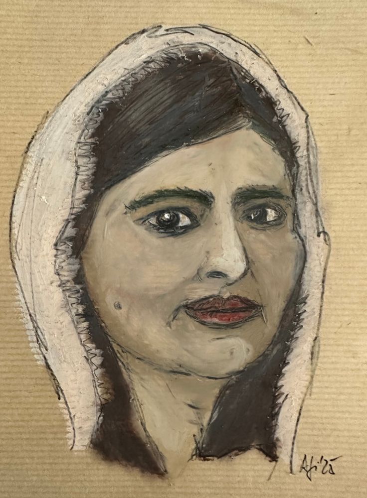 Portrait von Malala Yousafzai nach einer Fotografie. Bleistift, Ölpastellkreiden auf Kraftpapier 