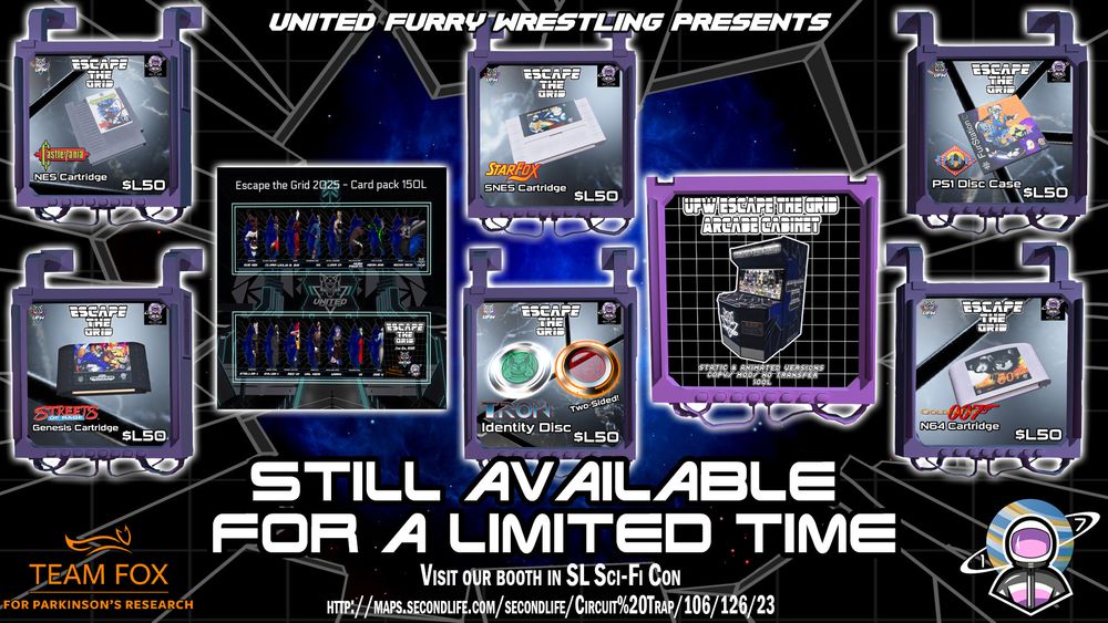 UFW Banner depicts available merch: Themed mockup cartridges for the NES, Genesis, and SNES. A TRON identity disc. A mockup arcade cabinet featuring UFW wrestlers. And a card pack depicting the wrestlers who participated in the show!