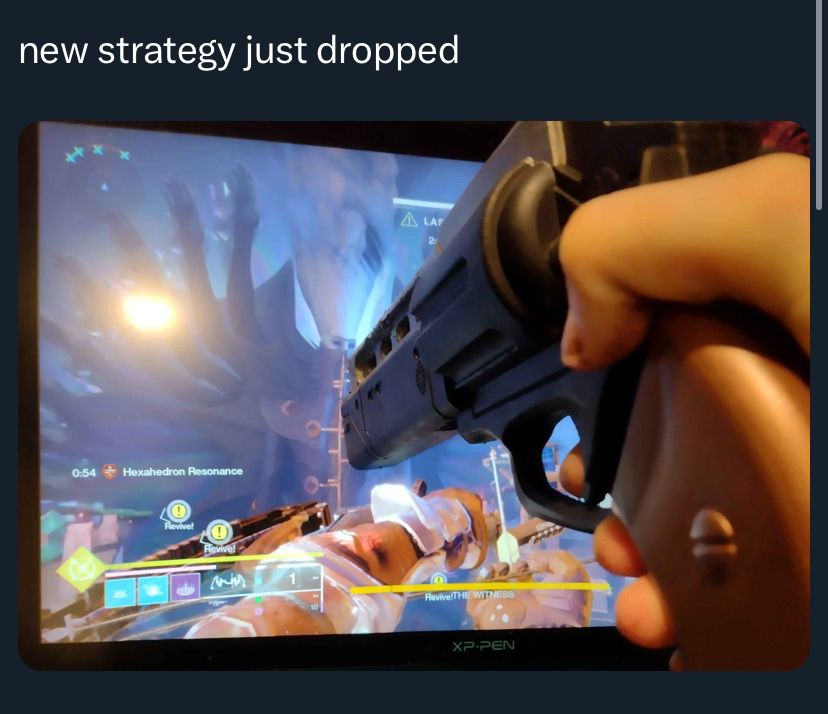 Someone holding a gun up to their monitor with The Witness from Destiny 2’s Final Shape raid on the screen. Text at the top says “new strategy just dropped”
