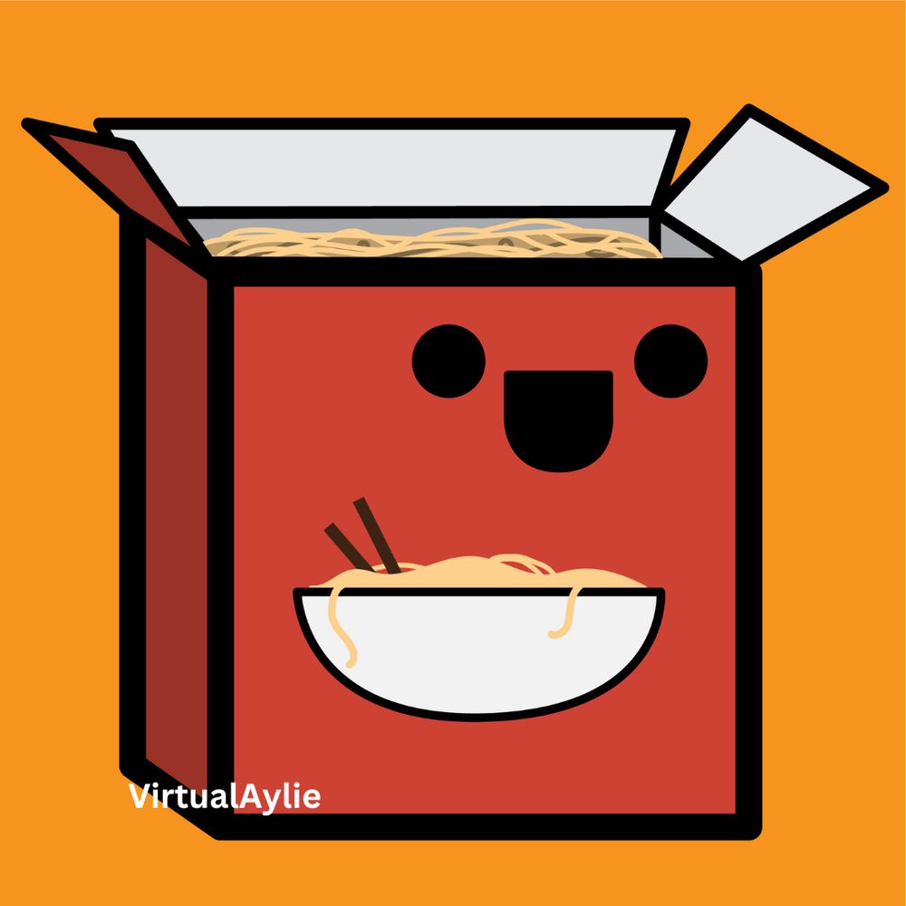 Digital art of a takeout box with a bowl of noodles graphic and a small happy face in the top right corner. The box is open on the top and it is filled to the top with noodles. 