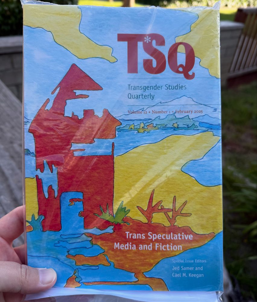Colorful red, yellow and blue painting is the cover of an issue of the journal TSQ on Trans Speculative Media and Fiction